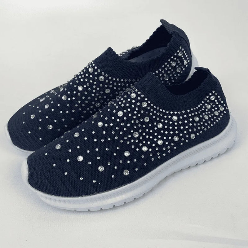 Tênis Meia Slip on Shining Crystal  - Feito Em Fibra Mesh Super Macia Com Strass para Um Design Único e Estiloso
