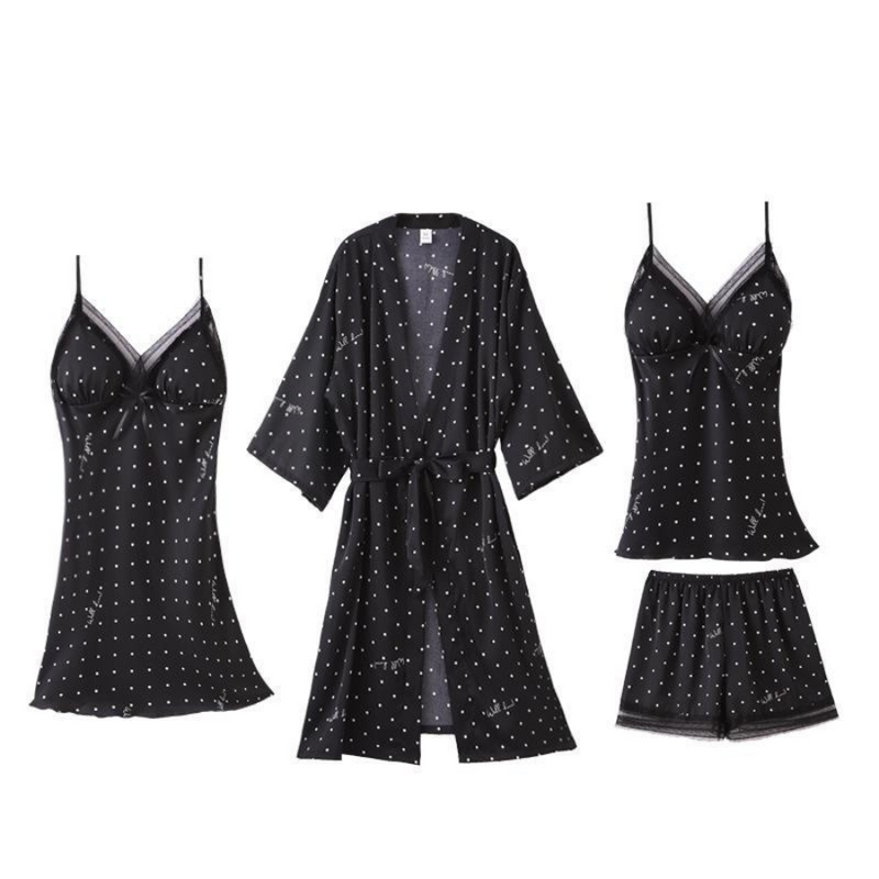 Pijama Feminino SleepWear - Conjunto 5 Peças, Roupão, Camisola, Calça, Shorts e BabyDoll em Seda Cetim | Toque de Seda Super Confortável