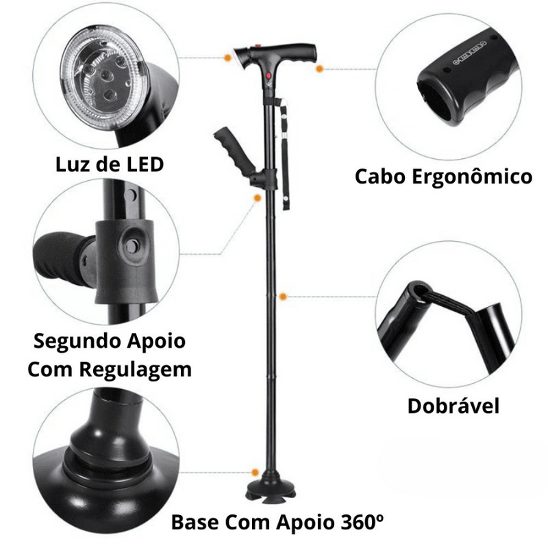 Bengala Dobrável com 4 Pés e Luz de LED Multifuncional com Botão de Emergência INOV SAFECARE