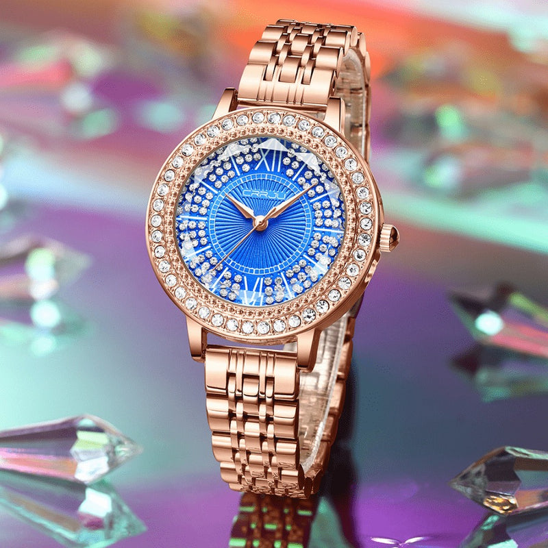 Relógio Feminino CRRJU CRISTAL DIAMOND - Vidro Lapidado, Cravejado Com Cristais de Zircônia, Movimento de Quartzo, Resistente à Água 30M