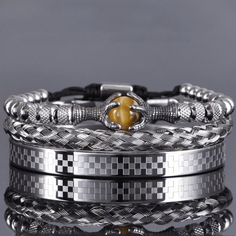 Kit de 3 Pulseiras Masculinas Premium Ajustáveis com Pedra Natural OLHO de TIGRE