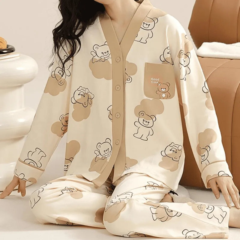 Pijama Feminino Heavenly Comfort - Conjunto Com Calça e Camisa Longa de Botão | Tecido De Algodão Confortável e Quentinho