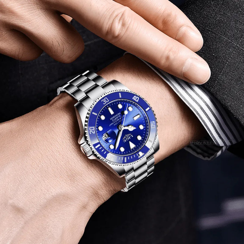 Relógio Masculino LIGE "Quartz Date" - Aço Inoxidável, Movimento de Quartzo, Data, Catraca Funcional, Vidro de Cristal e À Prova D'água 30 Metros