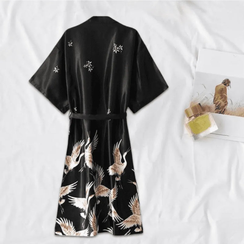 Pijama Feminino OrientalFly Conjunto Camisola e Roupão Em Seda Gelo | Toque De Seda Confortável
