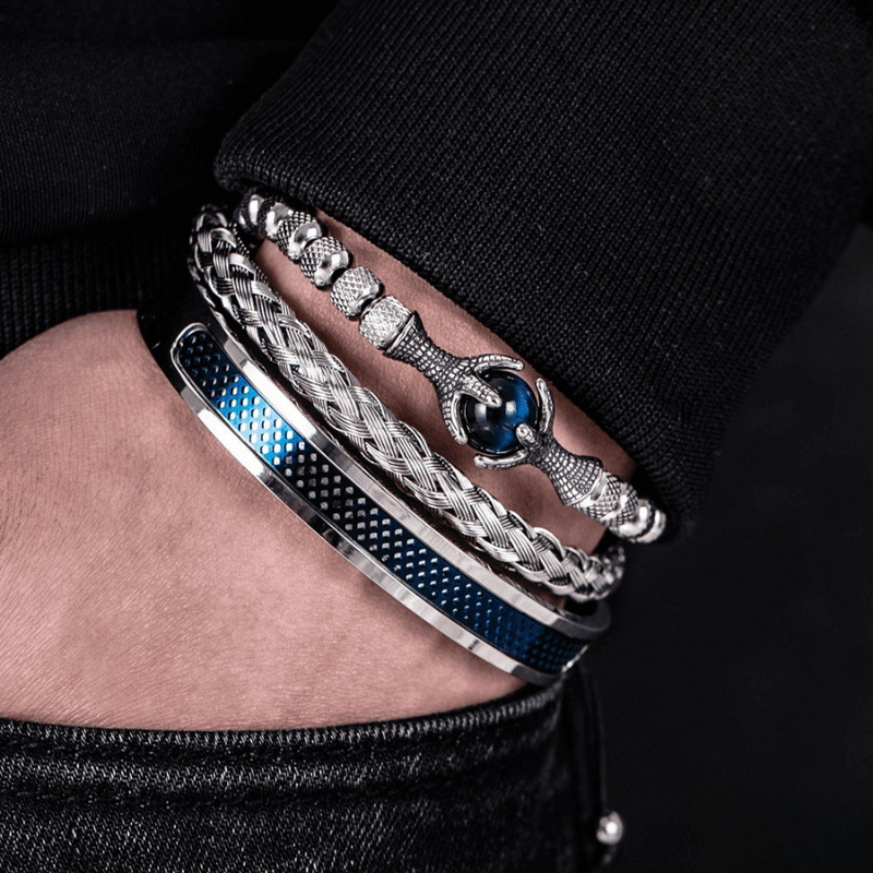 Kit de 3 Pulseiras Masculinas Premium Ajustáveis com Pedra Natural OLHO de TIGRE