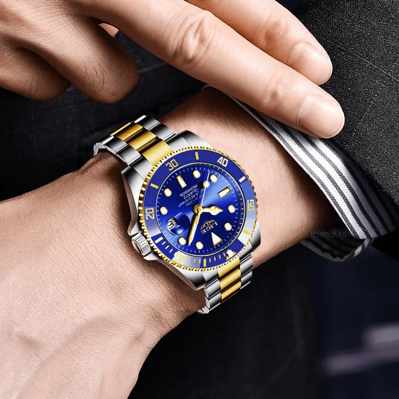 Relógio Masculino LIGE "Quartz Date" - Aço Inoxidável, Movimento de Quartzo, Data, Catraca Funcional, Vidro de Cristal e À Prova D'água 30 Metros