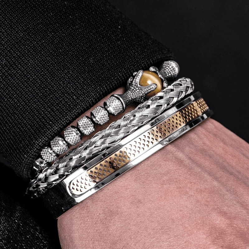 Kit de 3 Pulseiras Masculinas Premium Ajustáveis com Pedra Natural OLHO de TIGRE