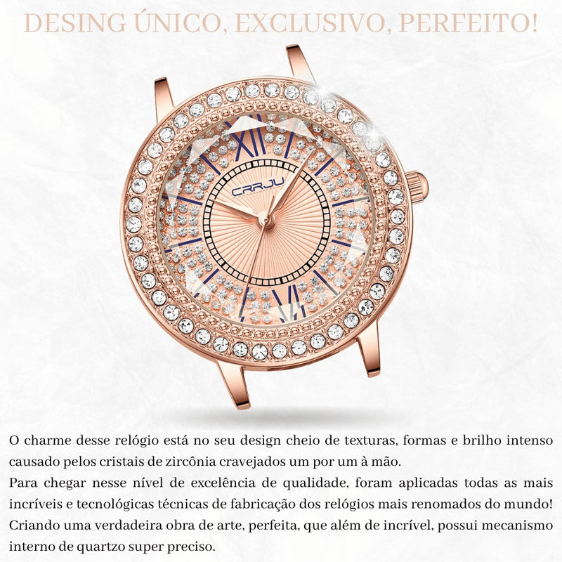 Relógio Feminino CRRJU CRISTAL DIAMOND - Vidro Lapidado, Cravejado Com Cristais de Zircônia, Movimento de Quartzo, Resistente à Água 30M