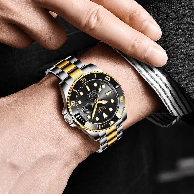 Relógio Masculino LIGE "Quartz Date" - Aço Inoxidável, Movimento de Quartzo, Data, Catraca Funcional, Vidro de Cristal e À Prova D'água 30 Metros