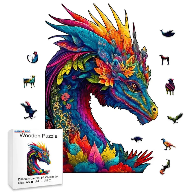 Quebra-Cabeça De Madeira Inova WOOD PUZZLE - Dragão Colorido | Diversão Com Diversos Benefícios Para Crianças e Idosos