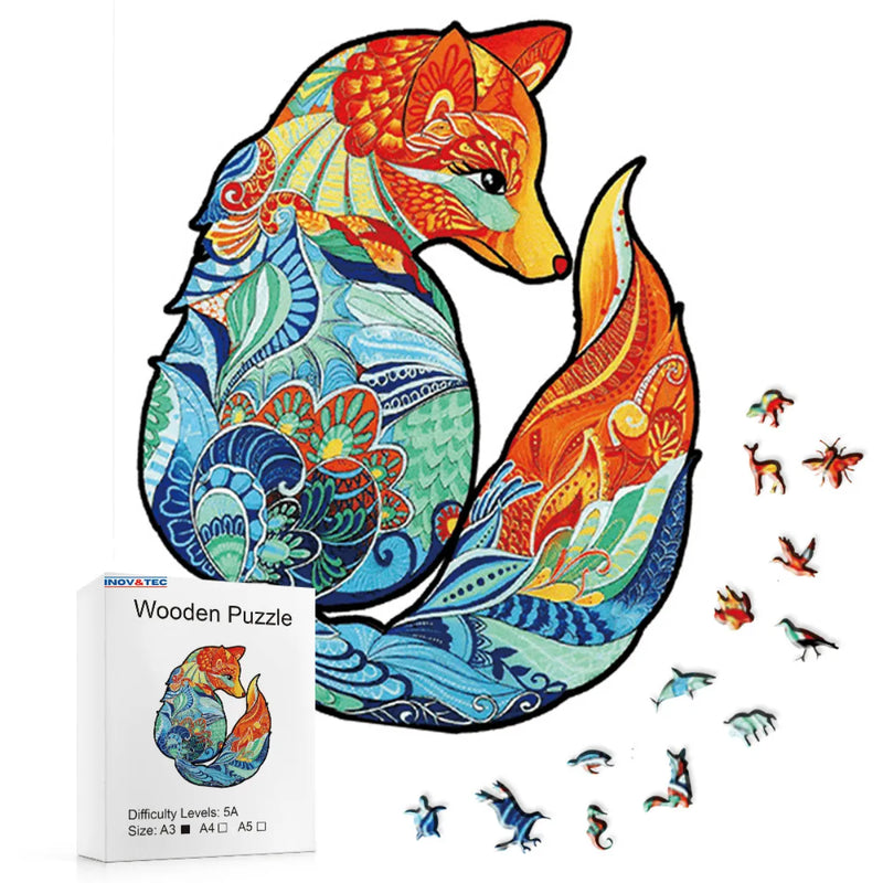 Quebra-Cabeça de Madeira Inova WOOD PUZZLE - Raposa Floral | Diversão com Diversos Benefícios para Crianças e Idosos