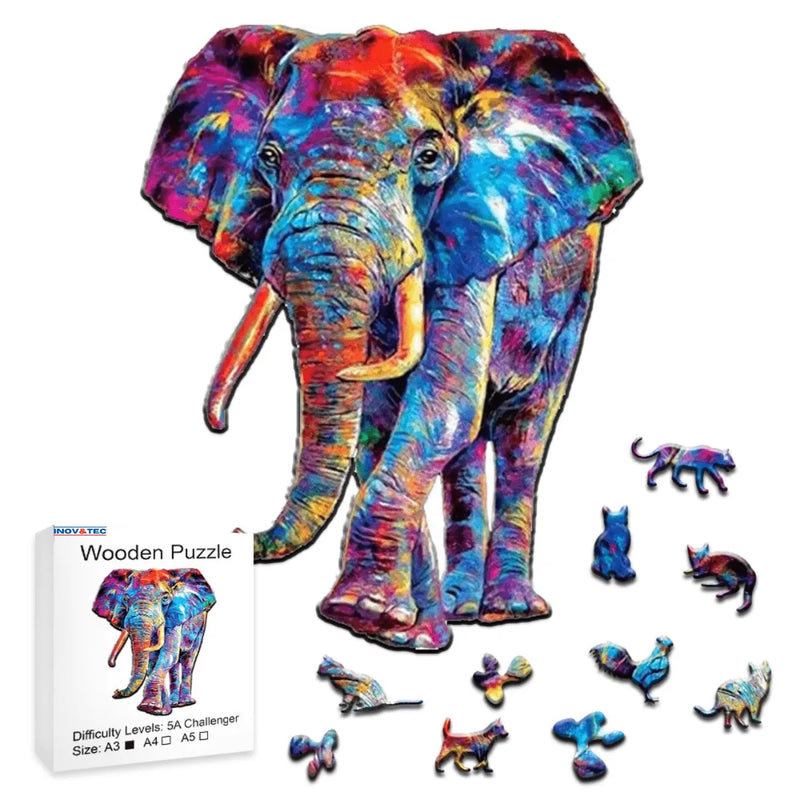 Quebra-Cabeça de Madeira Inova WOOD PUZZLE - Elefante Aquarela | Diversão com Diversos Benefícios para Crianças e Idosos