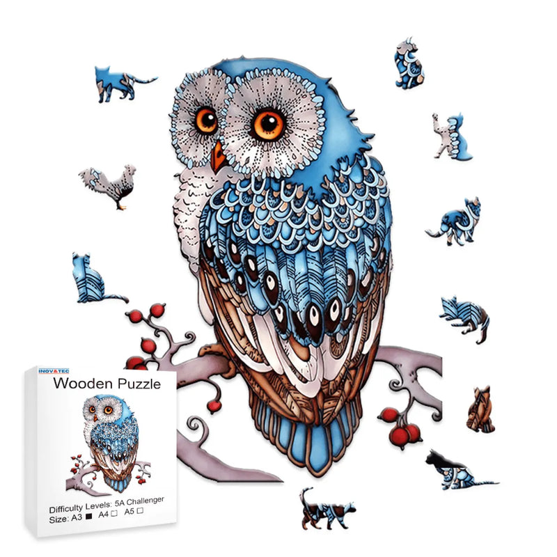 Quebra-Cabeça de Madeira Inova WOOD PUZZLE - Coruja Azul Celeste | Diversão com Diversos Benefícios para Crianças e Idosos