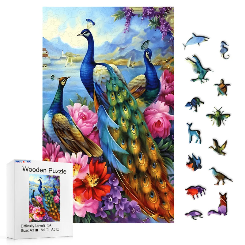 Quebra-Cabeça de Madeira Inova WOOD PUZZLE - Pavões em seu Habitat  | Diversão com Diversos Benefícios