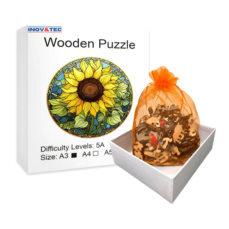 Quebra-Cabeça de Madeira Inova WOOD PUZZLE - Girassol | Diversão com Diversos Benefícios para Crianças e Idosos