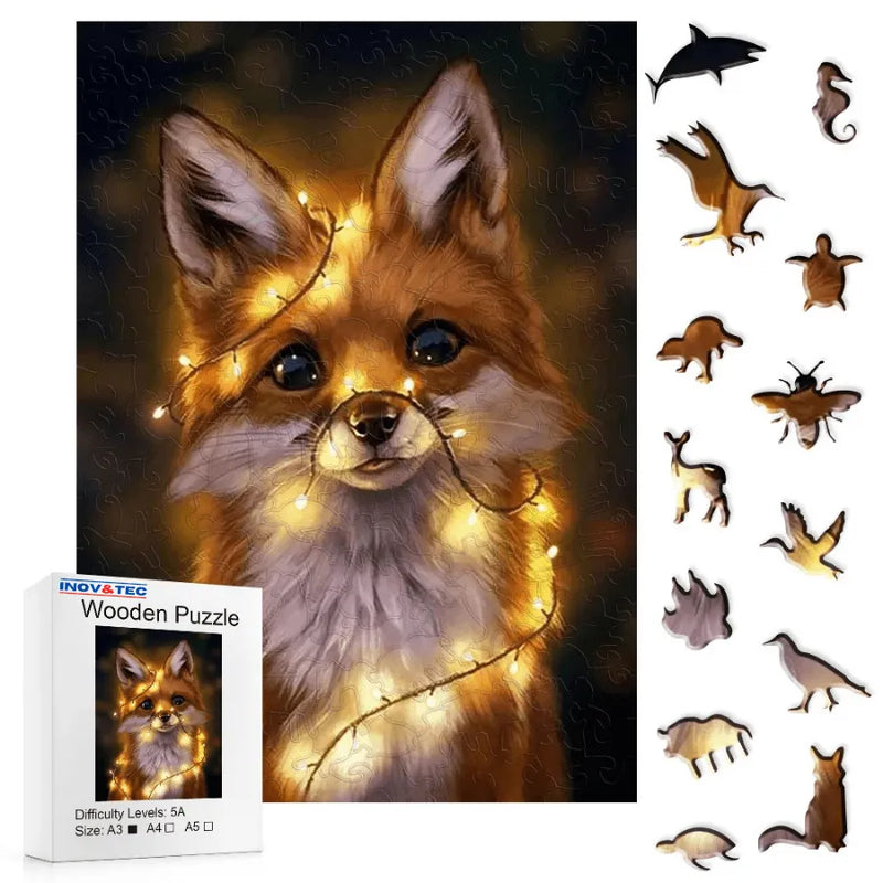 Quebra-Cabeça De Madeira Inova WOOD PUZZLE - Raposa Com Luzes | Diversão Com Diversos Benefícios