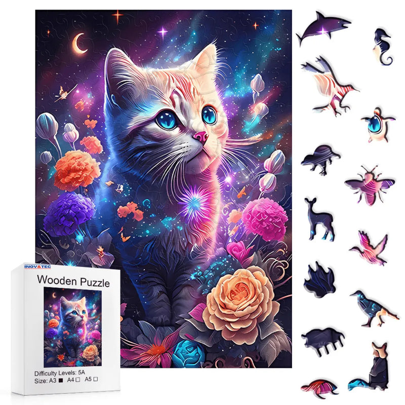 Quebra-Cabeça de Madeira Inova WOOD PUZZLE - Gato Sonhador | Diversão com Diversos Benefícios para Crianças e Idosos