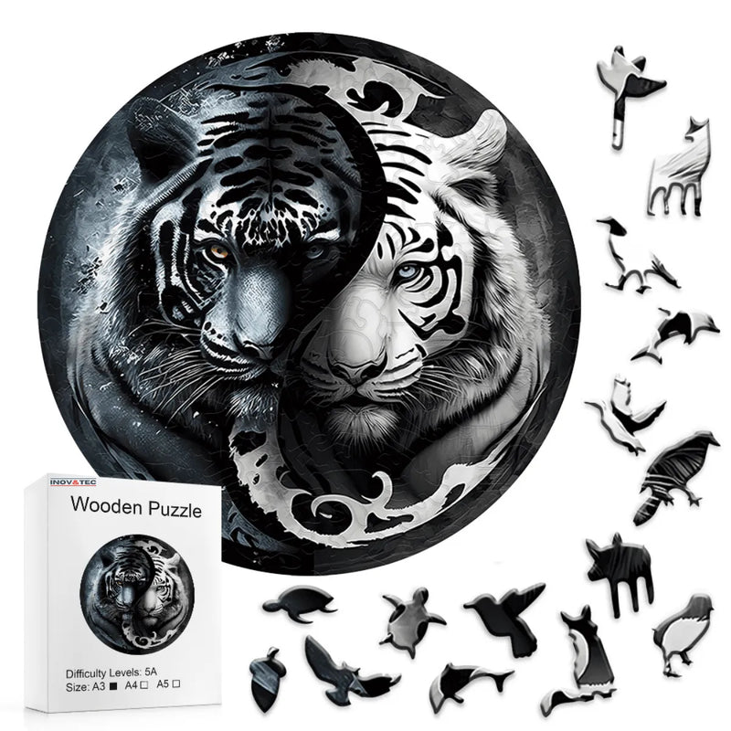 Quebra-Cabeça de Madeira Inova WOOD PUZZLE - Yin-Yang Tigres Brancos | Diversão com Diversos Benefícios