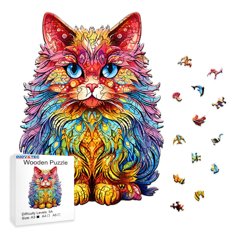 Quebra-Cabeça de Madeira Inova WOOD PUZZLE - Gato Persa Aquarela | Diversão com Diversos Benefícios para Crianças e Idosos