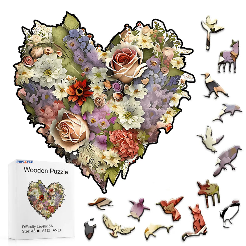 Quebra-Cabeça de Madeira Inova WOOD PUZZLE - Coração Floral | Diversão com Diversos Benefícios para Crianças e Idosos