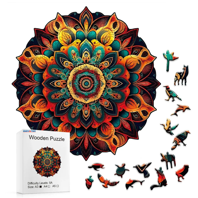 Quebra-Cabeça de Madeira Inova WOOD PUZZLE - Mandala Radiante | Diversão com Diversos Benefícios para Crianças e Idosos