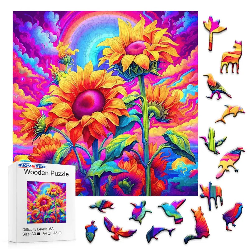 Quebra-Cabeça De Madeira Inova WOOD PUZZLE - Girassóis Psicodélicos | Diversão Com Diversos Benefícios