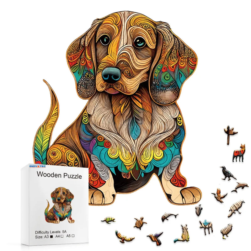 Quebra-Cabeça de Madeira Inova WOOD PUZZLE - Cão Entalhado | Diversão com Diversos Benefícios para Crianças e Idosos