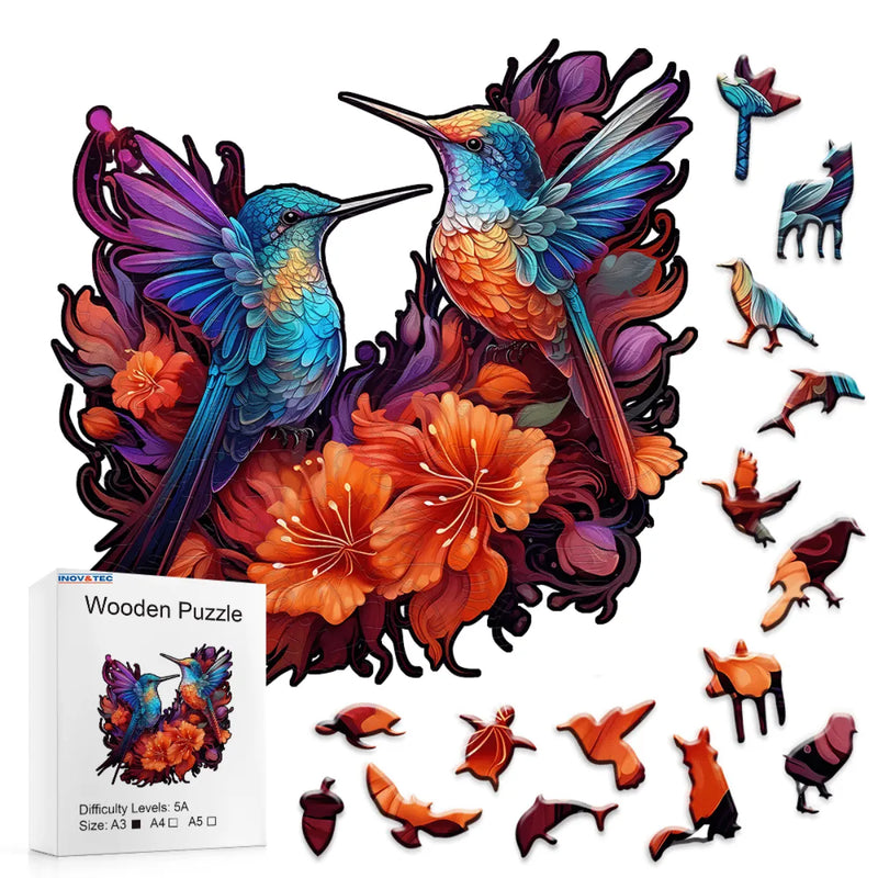 Quebra-Cabeça de Madeira Inova WOOD PUZZLE - Casal Beija-flores | Diversão com Diversos Benefícios para Crianças e Idosos