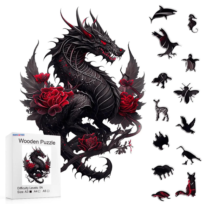 Quebra-Cabeça de Madeira Inova WOOD PUZZLE - Dragão Vermelho | Diversão com Diversos Benefícios para Crianças e Idosos
