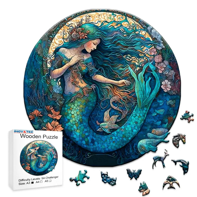 Quebra-Cabeça De Madeira Inova WOOD PUZZLE - Sereia Com Flores | Diversão Com Diversos Benefícios Para Crianças e Idosos