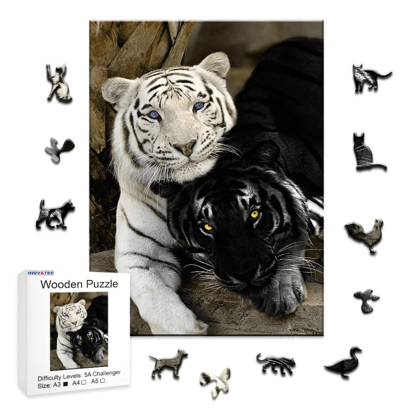 Quebra-Cabeça de Madeira Inova WOOD PUZZLE - Casal de Tigres | Diversão com Diversos Benefícios para Crianças e Idosos