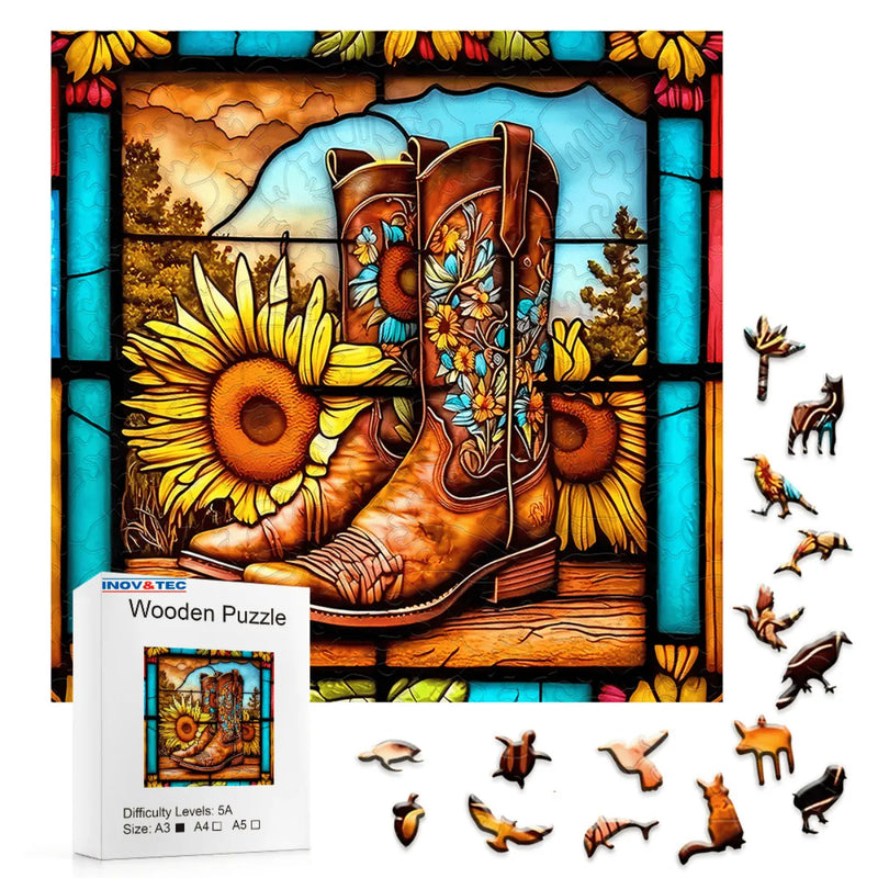 Quebra-Cabeça de Madeira Inova WOOD PUZZLE - Botina e Girassóis | Diversão com Diversos Benefícios para Crianças e Idosos