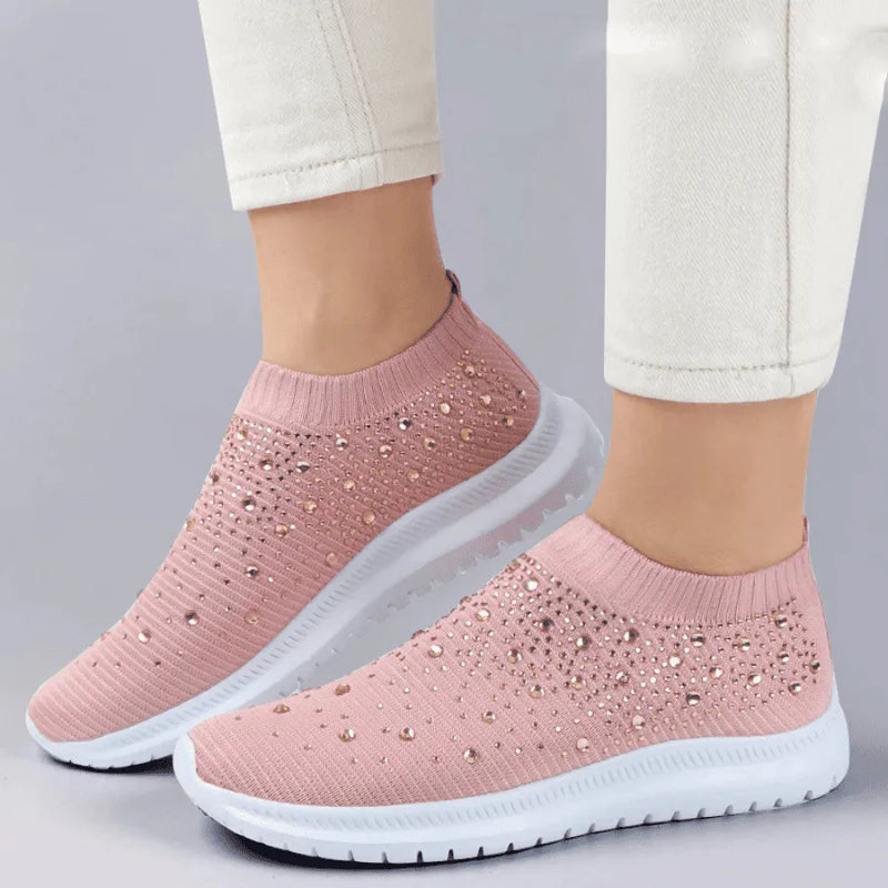 Tênis Meia Slip on Shining Crystal  - Feito Em Fibra Mesh Super Macia Com Strass para Um Design Único e Estiloso