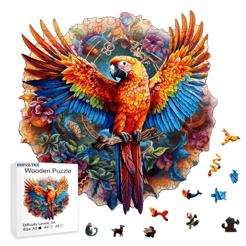 Quebra-Cabeça de Madeira Inova WOOD PUZZLE - Arara Vermelha | Diversão com Diversos Benefícios para Crianças e Idosos