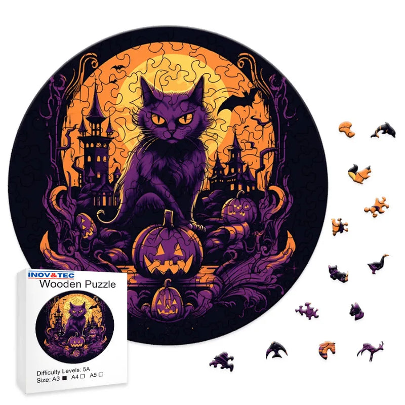 Quebra-Cabeça De Madeira Inova WOOD PUZZLE - Gato De Halloween | Diversão Com Diversos Benefícios Para Crianças e Idosos