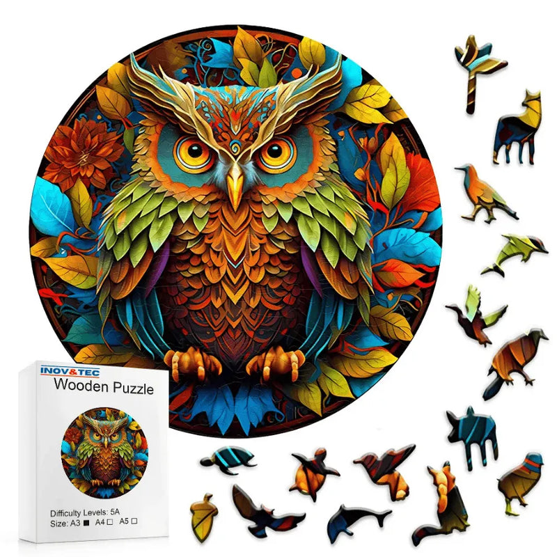 Quebra-Cabeça De Madeira Inova WOOD PUZZLE - Coruja e Folhas | Diversão Com Diversos Benefícios