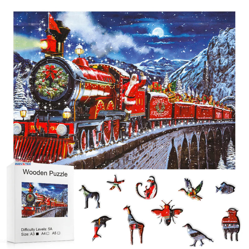 Quebra-Cabeça de Madeira Inova WOOD PUZZLE - Trem Natalino | Diversão com Diversos Benefícios para Crianças e Idosos