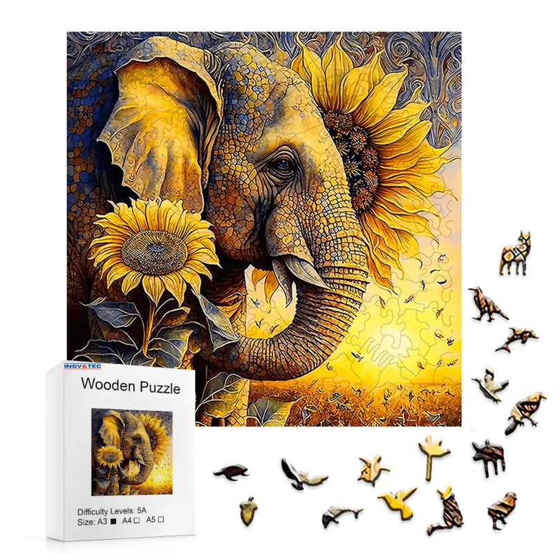 Quebra-Cabeça de Madeira Inova WOOD PUZZLE - Elefante e Girassóis | Diversão com Diversos Benefícios