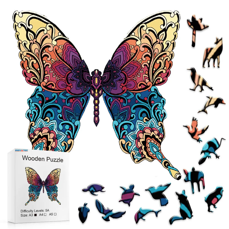Quebra-Cabeça de Madeira Inova WOOD PUZZLE - Borboleta Vibrante  | Diversão com Diversos Benefícios para Crianças e Idosos