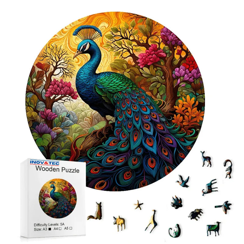 Quebra-Cabeça De Madeira Inova WOOD PUZZLE - Pavão Rei Na Floresta Encantada | Diversão Com Diversos Benefícios Para Crianças e Idosos