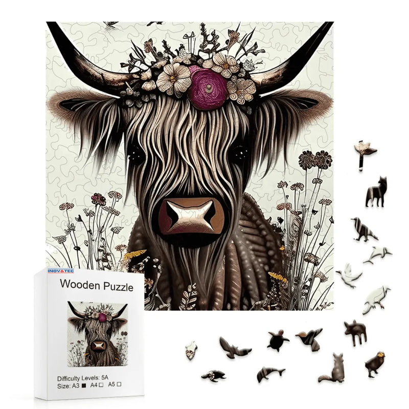 Quebra-Cabeça de Madeira Inova WOOD PUZZLE - Vaca com Flores | Diversão com Diversos Benefícios para Crianças e Idosos