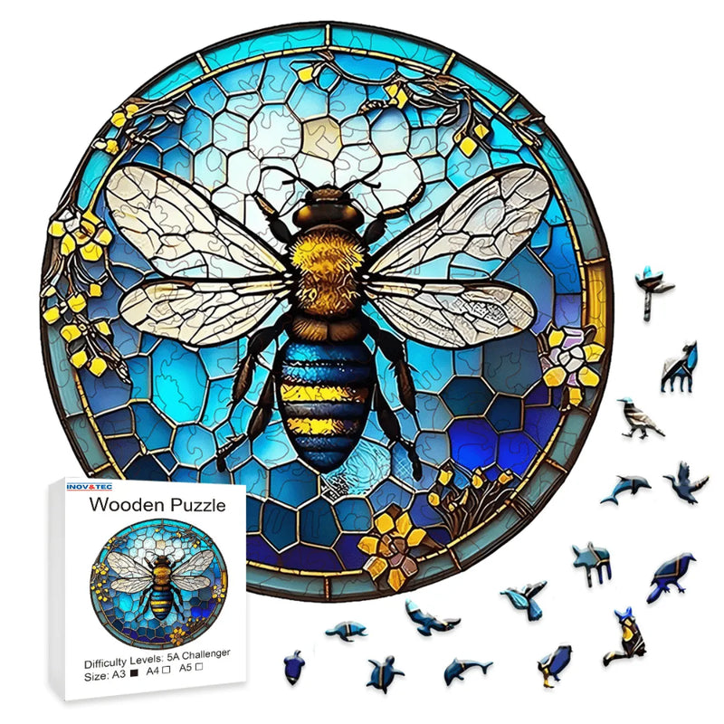 Quebra-Cabeça de Madeira Inova WOOD PUZZLE - Abelha em Vitral Floral | Diversão com Diversos Benefícios