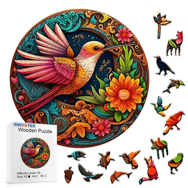 Quebra-Cabeça De Madeira Inova WOOD PUZZLE - Beija-Flor Laranja | Diversão Com Diversos Benefícios Para Crianças e Idosos