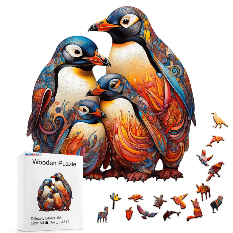 Quebra-Cabeça de Madeira Inova WOOD PUZZLE - Pinguins Aquarela | Diversão com Diversos Benefícios para Crianças e Idosos