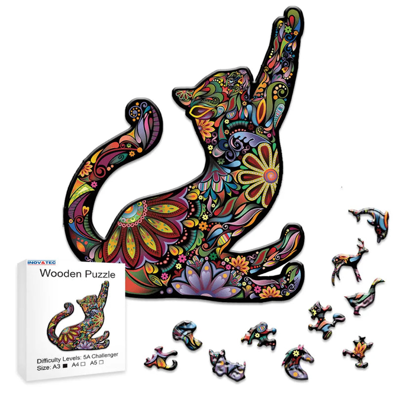 Quebra-Cabeça de Madeira Inova WOOD PUZZLE - Gato Roots | Diversão com Diversos Benefícios para Crianças e Idosos