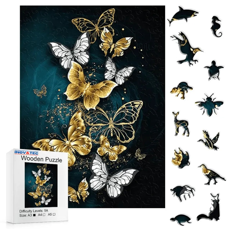 Quebra-Cabeça De Madeira Inova WOOD PUZZLE - Borboletas Douradas | Diversão Com Diversos Benefícios Para Crianças e Idosos