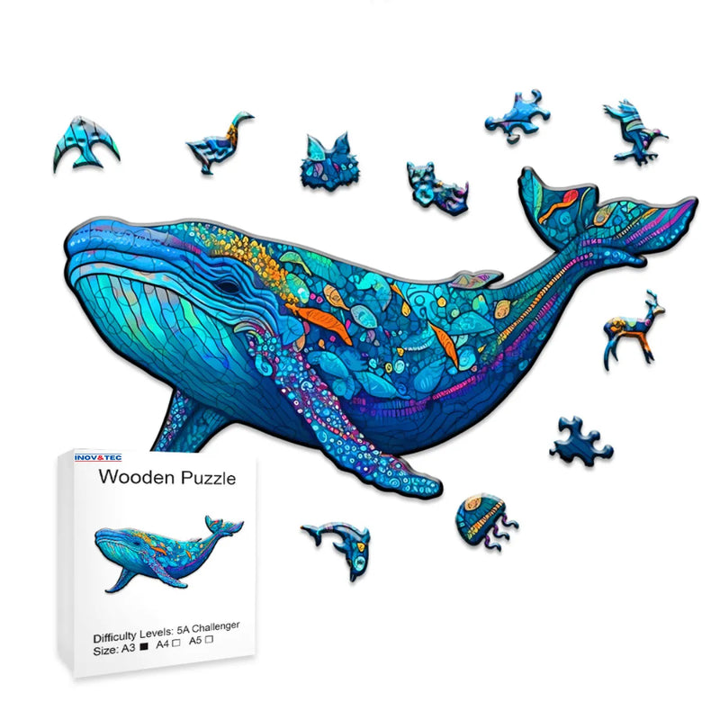 Quebra-Cabeça de Madeira Inova WOOD PUZZLE - Baleia Azul | Diversão com Diversos Benefícios para Crianças e Idosos