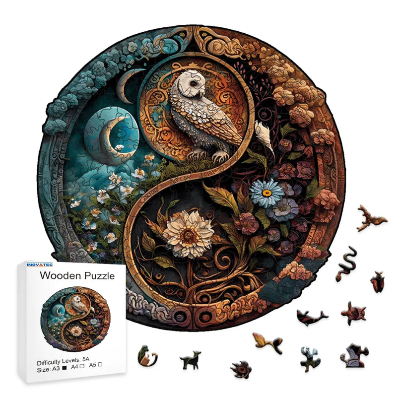 Quebra-Cabeça de Madeira Inova WOOD PUZZLE - Corujas Yin-Yang | Diversão com Diversos Benefícios