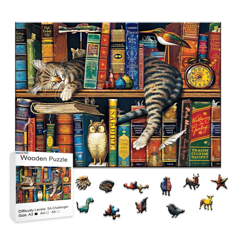 Quebra-Cabeça de Madeira Inova WOOD PUZZLE - Gato e Livros  | Diversão com Diversos Benefícios