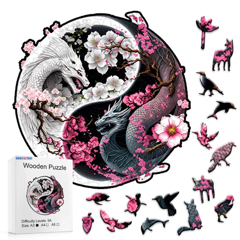 Quebra-Cabeça de Madeira Inova WOOD PUZZLE - Yin Yang Dracônico | Diversão com Diversos Benefícios para Crianças e Idosos